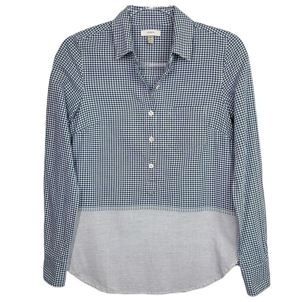 J. Crew Blue White Plaid Striped Long Sleeve Popover Shirt 2